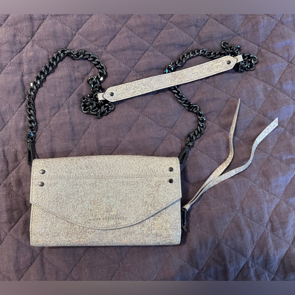 Aimee Kestenberg Shimmery Ballet Pink Purse with detachable grey metal chain